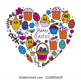 Easter traditional doodle collection - eggs, chickens, basket, Christian vector set decorating. Vector hand drawings ilustration isolated Background