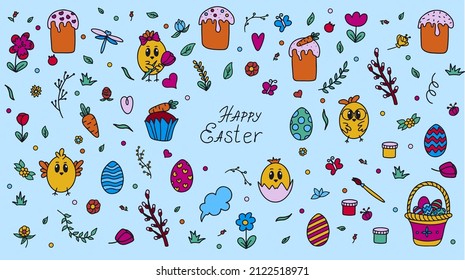 Easter traditional doodle collection - eggs, chickens, basket, Christian vector set decorating. Vector hand drawings ilustration isolated Background