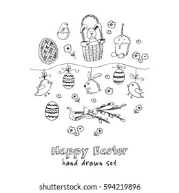 Easter traditional doodle symbols set. Eggs, bunny, basket, chicken, cake. Vector drawings set isolated on white background.