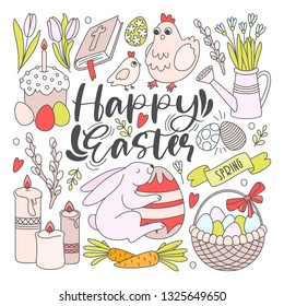 Easter traditional symbols collection - eggs, hen and chick, bunny, willow twigs, basket, candles, Easter cake. Vector doodle set isolated on white background.