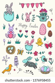 Easter traditional symbols collection - eggs, bunny, willow twigs, basket