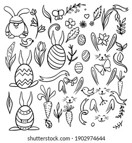 Easter traditional symbols collection - eggs, bunny, willow twigs, basket, candles, Christian church, egg decorating.