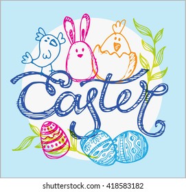 Easter traditional vector set -  bunny, egg decorating. Vector hand drawn illustration. 