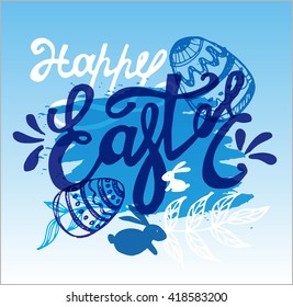 Easter traditional vector set -  bunny,  egg decorating. Vector hand drawn illustration. 