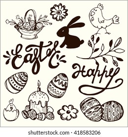 Easter traditional vector set - bunny,  basket,  egg decorating. Vector hand drawn  illustration. 