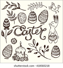 Easter traditional vector set -  bunny,  egg decorating. Vector hand drawn illustration. 