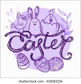 Easter traditional vector set -  bunny,  egg decorating. Vector hand drawn illustration. 