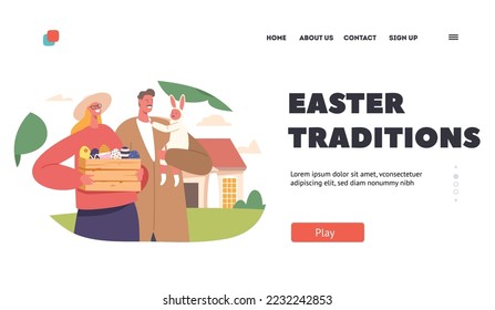 Vorlage für Ostertraditionen Landing Page. Fröhliche Familie bereitet sich auf Feiertage vor. Junge Eltern Paar mit Baby auf Händen Holding Box mit gemalten Eiern. Vektorgrafik von Cartoon People