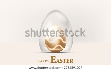 Easter transparent glass egg with gold egg inside. Easter card concept. Vector illustration.