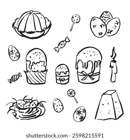  Easter treats, Easter cake without a lantern in the doodle technique. Pudding, candles, eggs for cards.