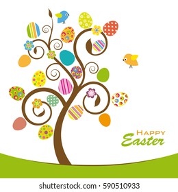 Easter tree. Colorful tree with easter eggs, flowers and birds