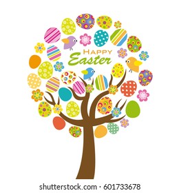 Easter tree. Colorful tree with easter eggs, flowers and birds