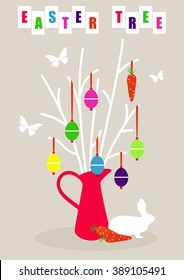Easter tree with hanging eggs on the branch. Vector illustration.