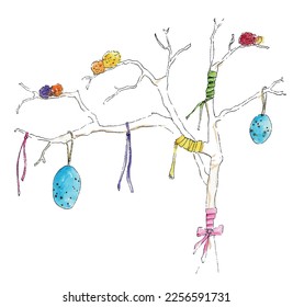 Easter tree illustration vector. Egg, ribbon, pom pom watercolor sketch.