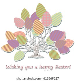 Easter. A tree of painted, easter eggs and a white background. Greeting card with a happy Easter. Festive balloons in pastel colors. Vector illustration