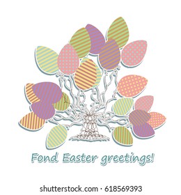 Easter. A tree of painted, easter eggs and a white background. Greeting card with a happy Easter. Festive balloons in pastel colors. Vector illustration