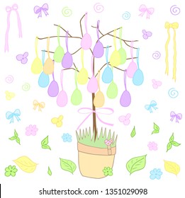 Easter tree with pastel colored eggs. Set of easter ornaments