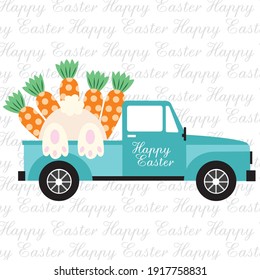 Easter truck, bunny and carrot for easter greeting card