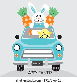 Easter truck, bunny, chicken and carrot illustration for easter greeting card