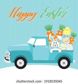 Easter truck, bunny, chicken and egg illustration for easter greeting card