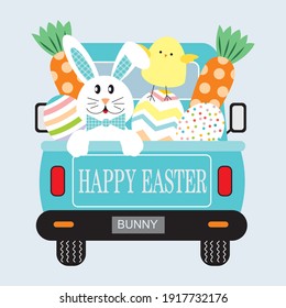 Easter truck, bunny, chicken, eggs and carrot illustration for easter greeting card