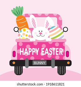 Easter truck, bunny, egg and carrot illustration for easter greeting card