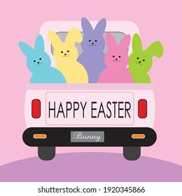 Easter truck and colorful bunnies for easter greeting card