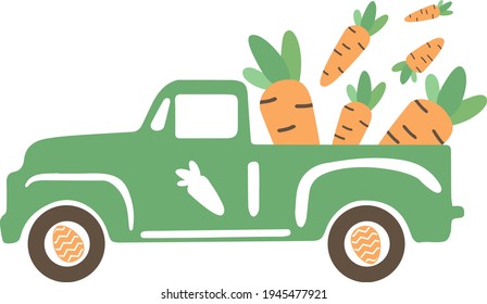 Easter Truck Svg vector Illustration isolated on white background. Easter Truck with carrots for Cricut and Silhouette. Vintage truck for design shirt and scrapbooking.