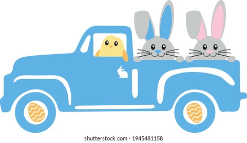 Easter Truck Svg vector Illustration isolated on white background. Easter Truck with bunny for Cricut and Silhouette. Vintage truck for design shirt and scrapbooking.Truck with easter rabbit svg