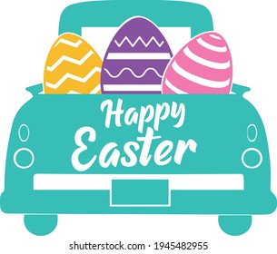 Easter Truck Svg vector Illustration isolated on white background. Easter Truck with easter eggs for Cricut and Silhouette. Vintage truck for design shirt and scrapbooking. svg
