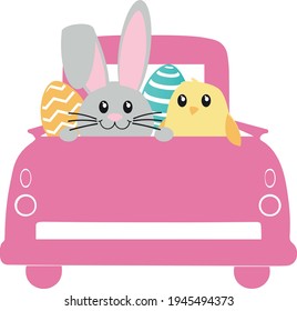 Easter Truck Svg vector Illustration isolated on white background. Easter Truck with easter eggs, carrot, easter bunny,chicken for Cricut and Silhouette. Vintage truck for shirt and scrapbooking. svg
