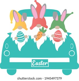 Easter Truck Svg vector Illustration isolated on white background. Easter Truck with easter gnome for Cricut and Silhouette. Vintage truck for design shirt and scrapbooking.Easter gnome image svg