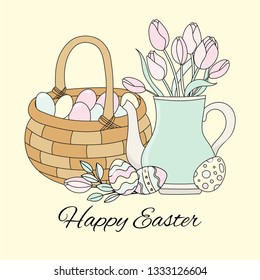 EASTER TULIPS Spring Bouquet Great Religious Holy Holiday Cartoon Vector Illustration Set