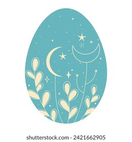 Ostern. Türkisfarbenes Osterei. Mondschmuck und Blumenschmuck auf dem Ei. Mond, Sterne, Blumen. Ornate Osterei. Frohe Ostern! Vektorei. Linien, Mond, Doodles, Blumen, Blätter, Sterne