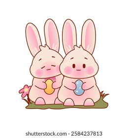 Easter Two Kawaii Rabits isolated on white backgroun. Clip art for sticker, t-shirt print, greeting card design. Hand drawn vector illustration.