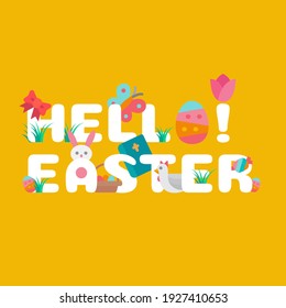 Easter typography design concept decorated with icon and elements. Flat design style vector illustration.