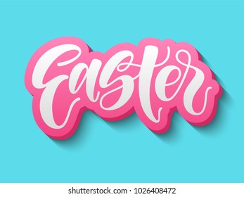 Easter. Typography design. Hand drawn text. Vector illustration, usable for greeting cards, banners, sales. 3D style pink and blue colors.