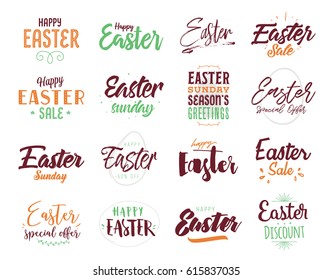 Easter. Typography design set. Hand drawn text. Vector illustration, usable for greeting cards, banners, sales.