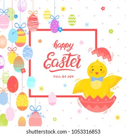 Easter typography. Happy Easter - hand drawn lettering with colorful eggs, flowers and cute little chick.Seasons greetings card perfect for prints,flyers,banners,holiday invitations and more.