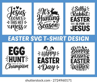 Easter typography t shirt design bundle featuring Christian and playful quotes. Bold black and white hand lettered vector artwork ideal for apparel, gifts, prints and festive decorations.