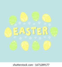 Easter typography text postcard. Easter day spring lettering design. Font illustration with cute eggs and flowers. Poster, banner, card. Vector eps 10. 