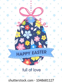 Easter typography.Colorful hanging Easter egg with ribbon and text. Seasons greetings card perfect for prints, flyers,banners,holiday invitations,special offers and more.Vector Easter illustration.