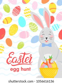 Easter typography.Hand drawn lettering with colorful eggs, cute funny bunny with easter basket. Seasons greetings card perfect for prints, flyers,banners,holiday invitations and more.