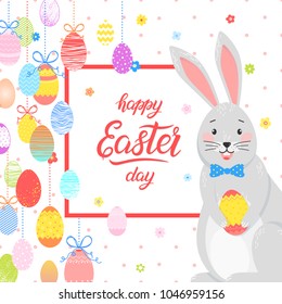 Easter typography.Happy Easter Day - hand drawn lettering with colorful eggs, flowers and cute funny bunny.Seasons greetings card perfect for prints,flyers,banners,holiday invitations and more.