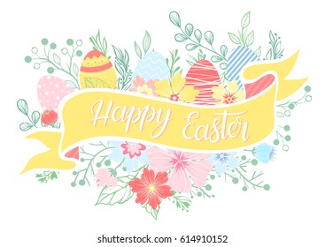Easter typography.Happy Easter-hand drawn lettering with colorful eggs,floral elements,flowers and leaves.Seasons greetings card perfect for prints, flyers,banners,invitations,special offer and more.