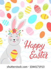 Easter typography.Happy Easter - hand drawn lettering with colorful eggs,cute funny bunny with flower wreath. Seasons greetings card perfect for prints, flyers,banners,holiday invitations and more.