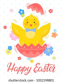 Easter typography.Happy Easter - hand drawn lettering with cute little chick,colorful egg and flowers. Seasons greetings card perfect for prints, flyers,banners,holiday invitations and more.