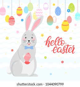 Easter typography.Hello Easter - hand drawn lettering with colorful eggs,different flowers and cute funny bunny. Seasons greetings card perfect for prints, flyers,banners,holiday invitations and more.