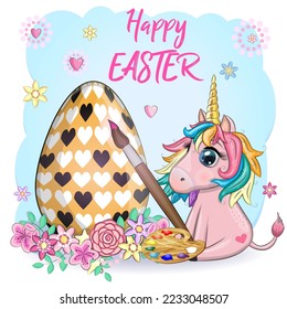 Easter unicorn cartoon character with easter egg, postcard