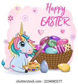 Caricatura del unicornio de Pascua con huevo de Pascua, postal